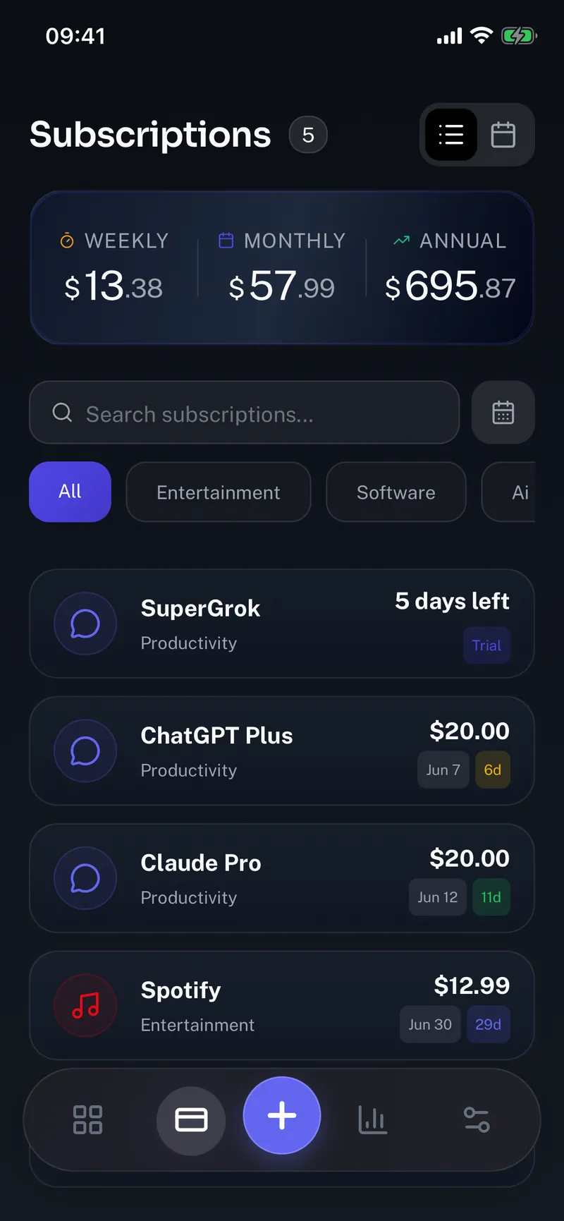 Subby subscription list with renewal dates and monthly totals