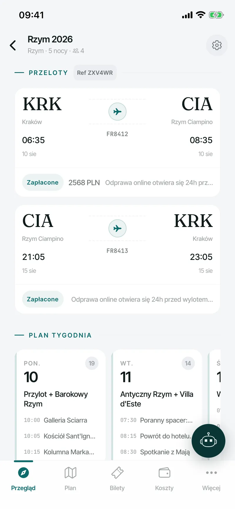 Trailo trip overview with flights and weekly itinerary