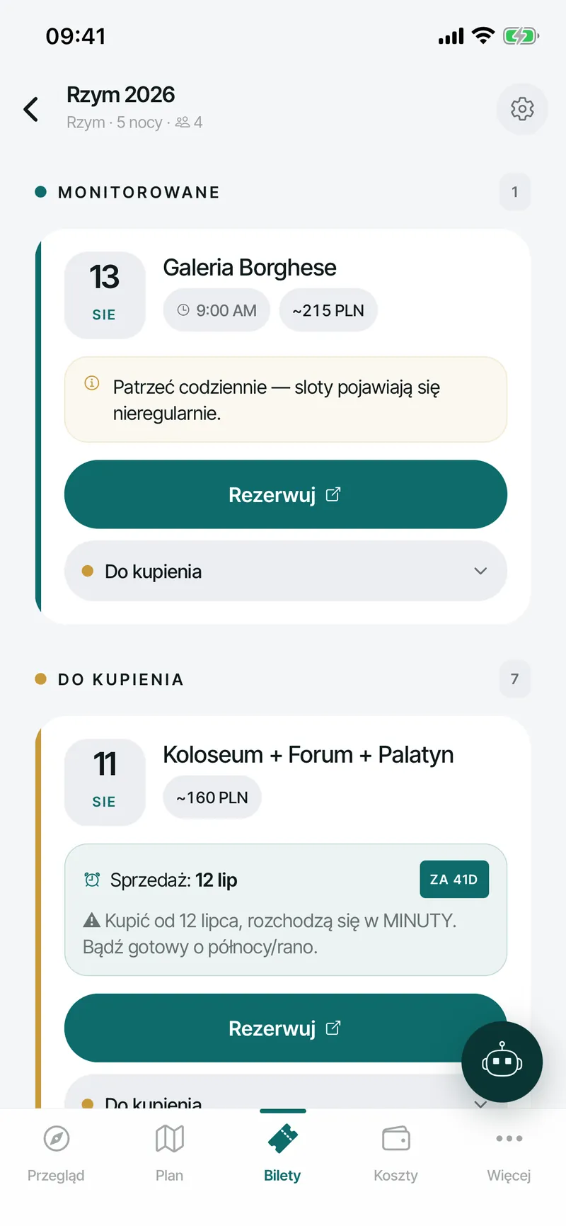 Trailo ticket watchlist and reservation planning