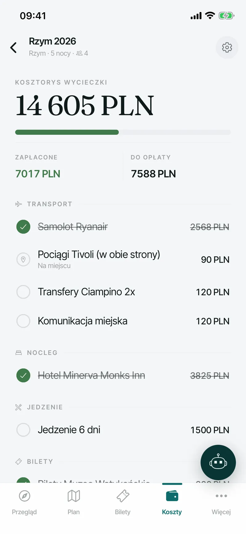 Trailo trip budget with paid and upcoming expenses