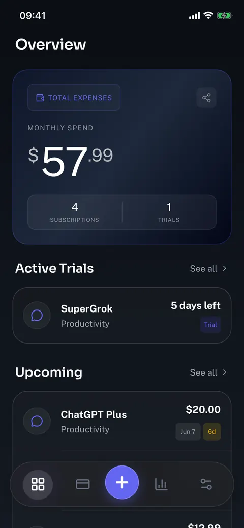 Subby subscription overview interface