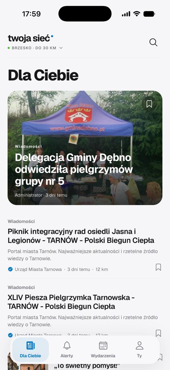 Widok aplikacji Twoja Sieć z lokalnymi wiadomościami, alertami i wydarzeniami